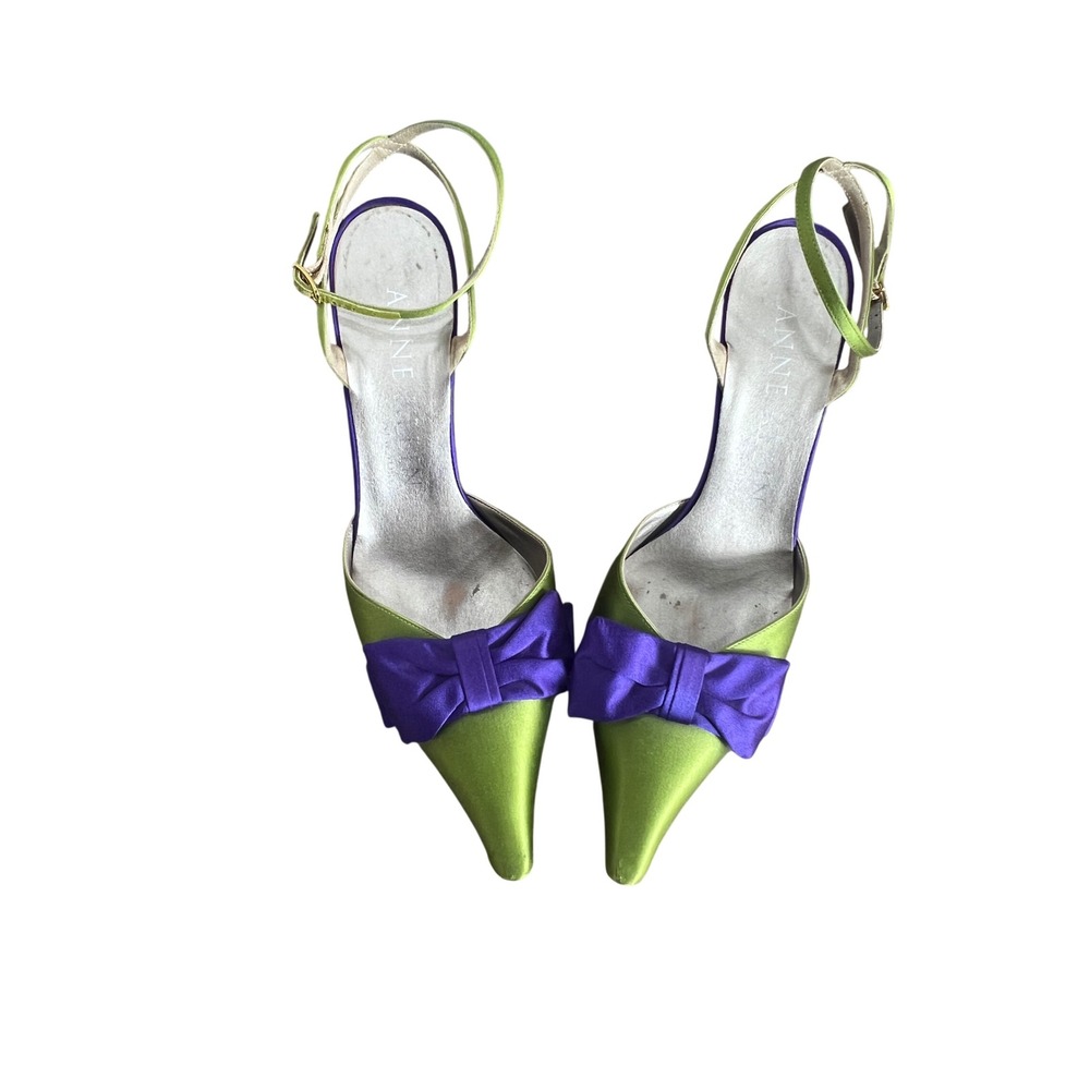 Vintage Anne Klein New York Lime Green Purple Satin Bow Ankle Strap Pumps Heels